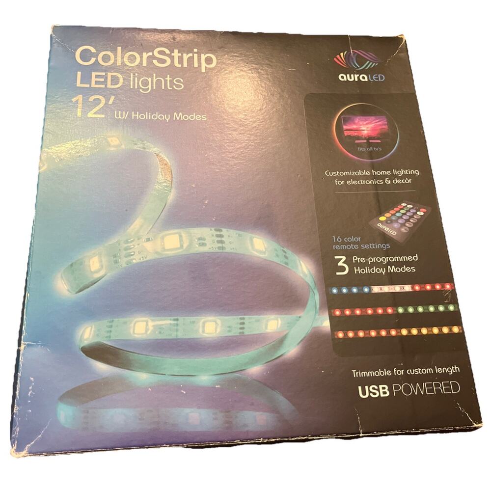 ColorStrip LED Lights 12’ USB Powered Peel and Stick w Holiday Modes AuraLED NEW
